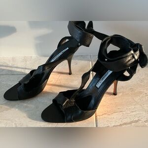 Brian Atwood Black Leather Stilettos Asymmetrical with Ankle Tie